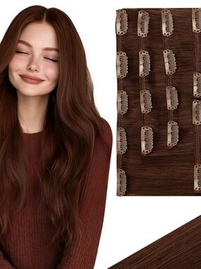 26”Reddish-Brown Clip-in Human Hair Extensions 8 pcs